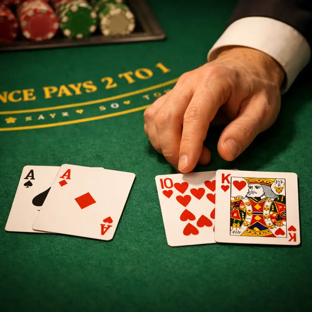 Stół do blackjacka z kartami i dłonią krupiera