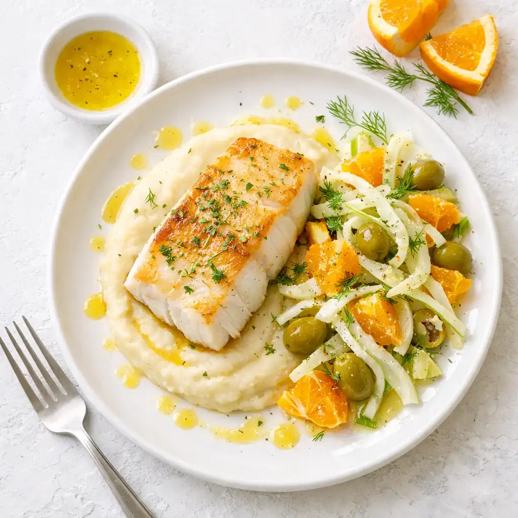 Pieczony halibut na puree z selera z sałatką z kopru włoskiego, pomarańczy i oliwek