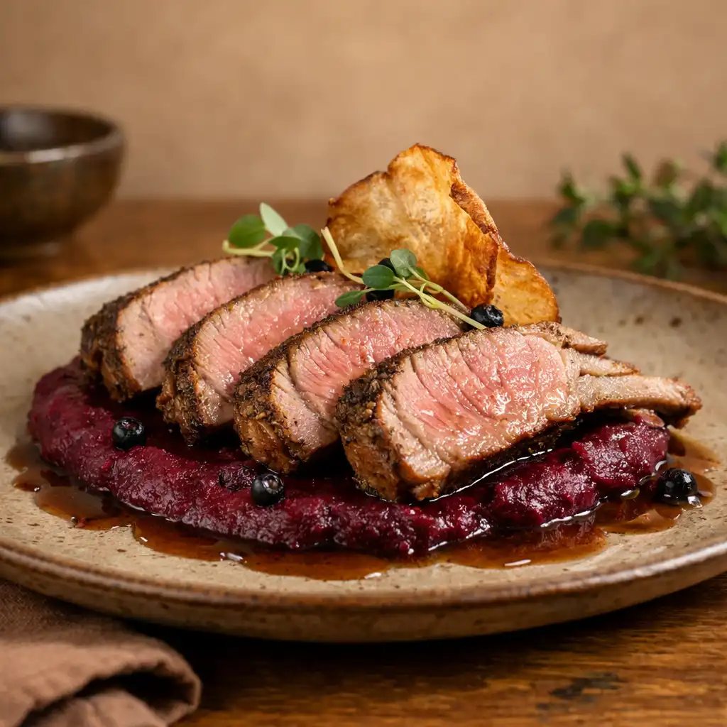 Comber jagnięcy sous-vide z puree z pieczonego buraka, chipsem z topinamburu i sosem jałowcowym