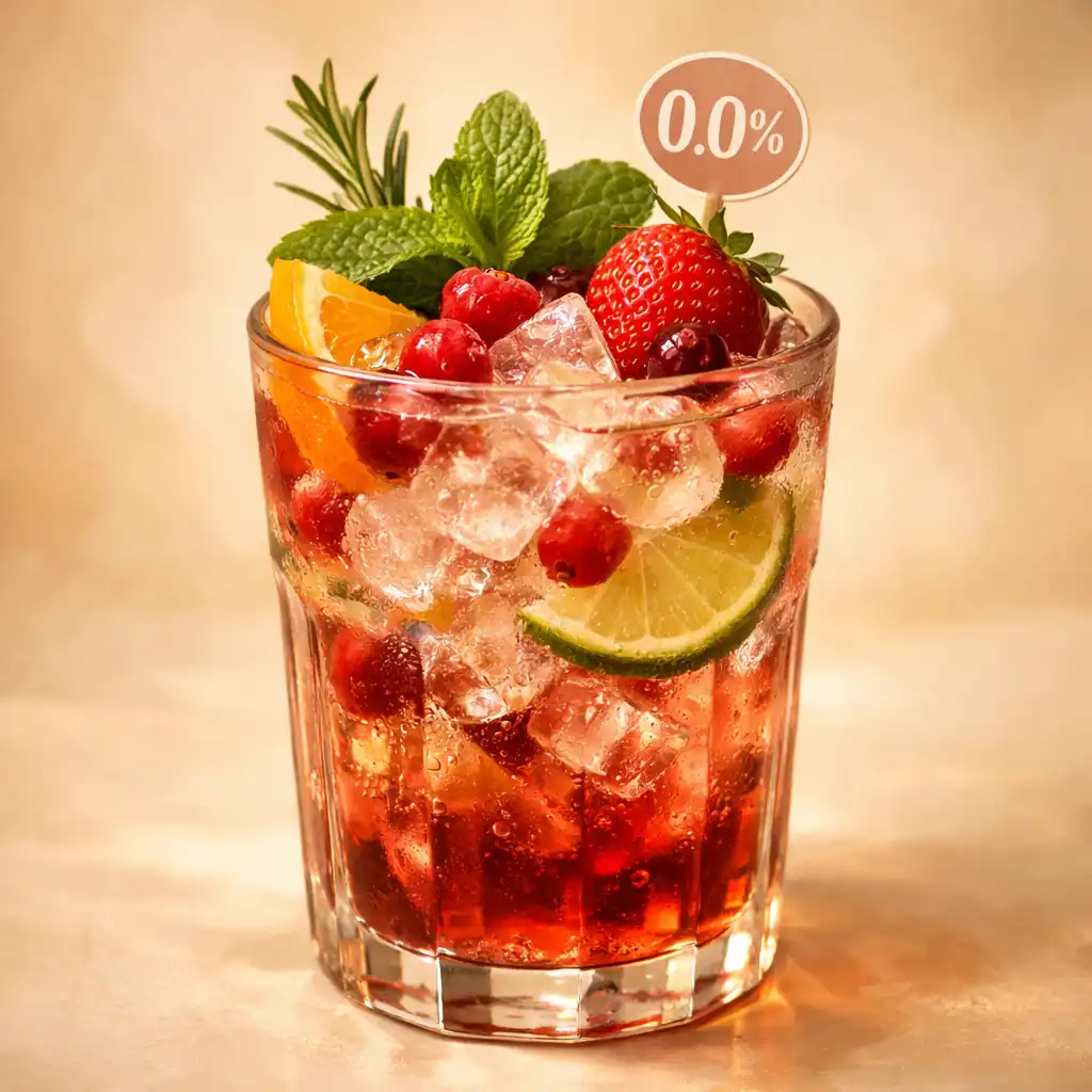 Elegancki mocktail 0.0% w szklance z owocami i ziołami