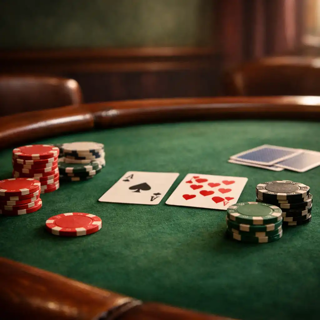 Prawdziwy stół do gry w poker z zielonym filcem, drewnianymi podłokietnikami, kartami i żetonami