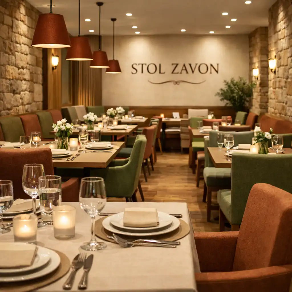 Wnętrze restauracji Stol Zavon z eleganckimi stolikami i ciepłym oświetleniem