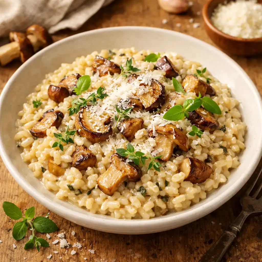 Kremowe risotto z borowikami i parmezanem, udekorowane ziołami