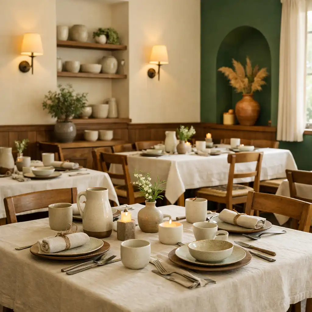 Wnętrze restauracji Stol Zavon z drewnianymi stołami i miękkim oświetleniem