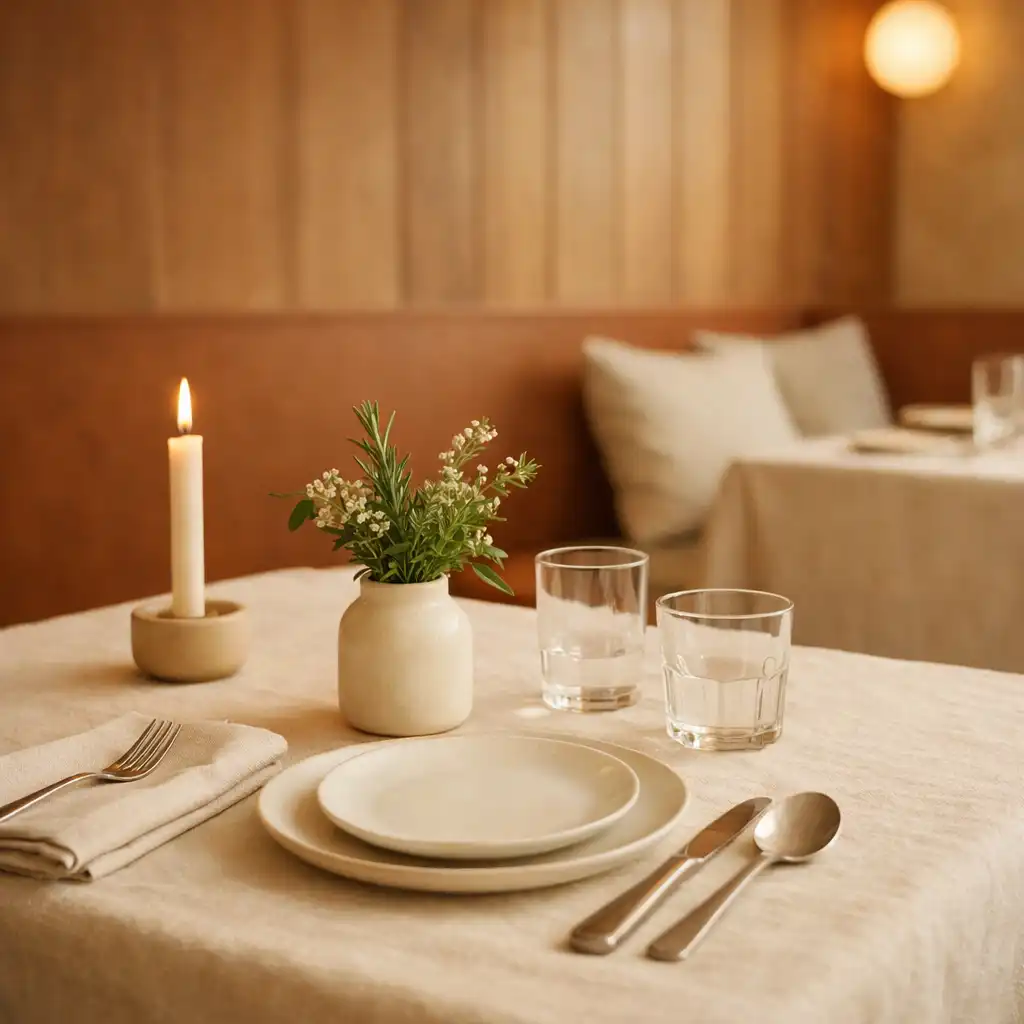Wnętrze restauracji Stol Zavon z nakrytym stołem, lnianym obrusem i ciepłym światłem